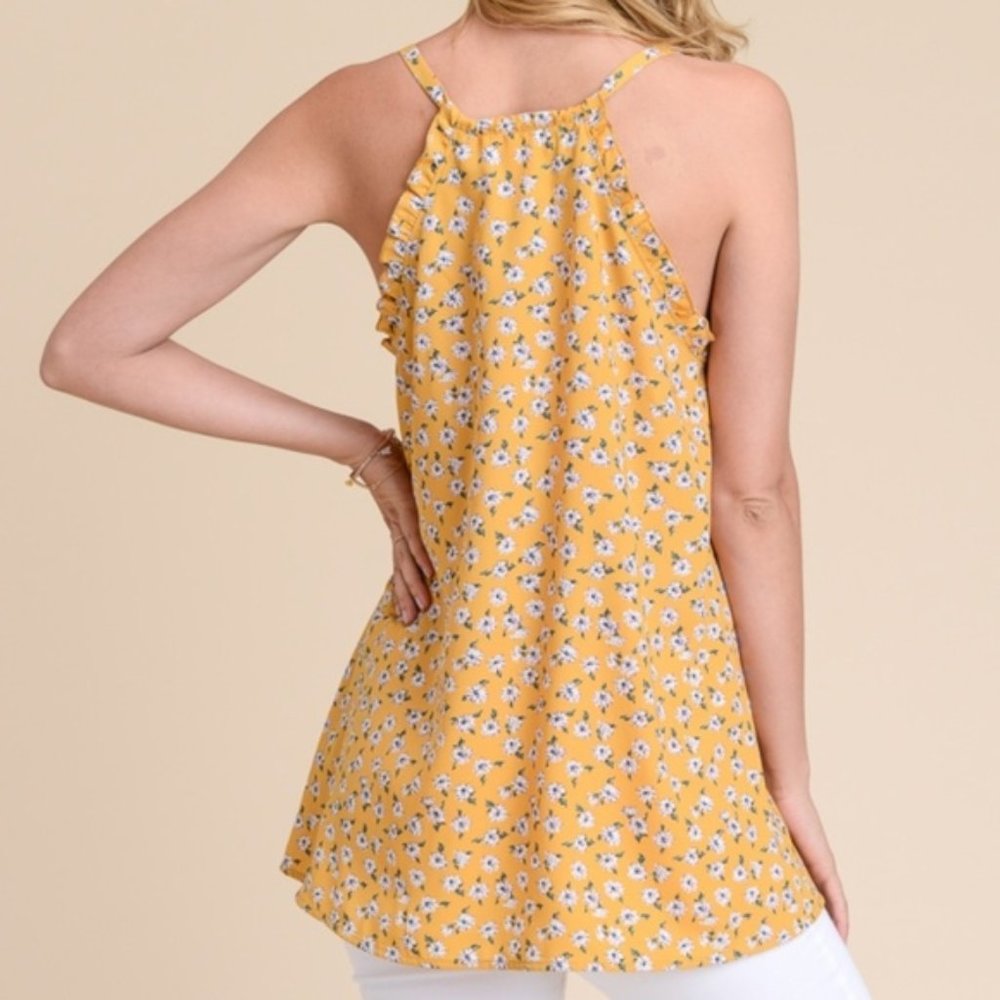 Yellow & White Floral Ruffle Trim Tank Top - Picture 4 of 8